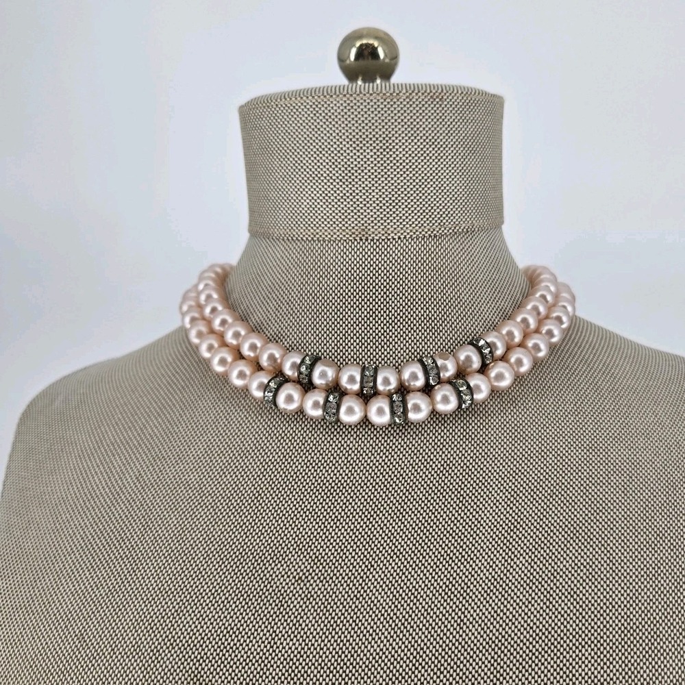 Blush Pink Freshwater Pearl Double Strand Choker Rhinestone Spacer Necklace